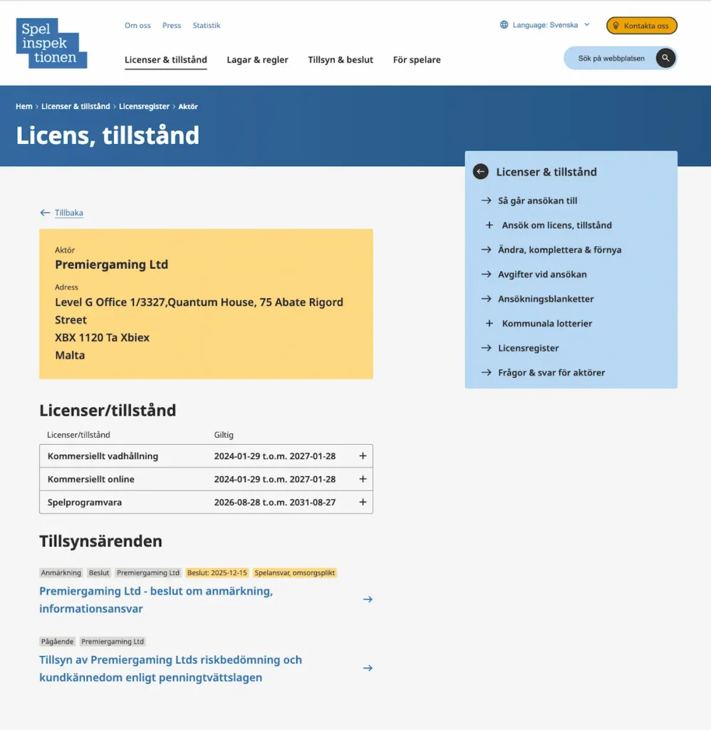 Skärmbild från Spelinspektionens register som visar Pronto Casinos licensstatus och registrerade tillsynsärenden.