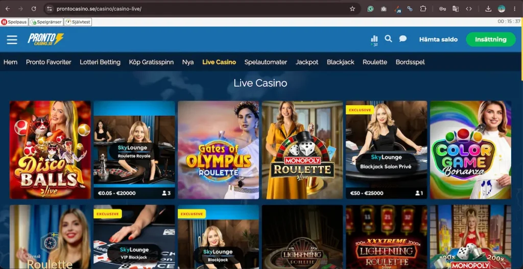 Skärmdump som visar vårt test av Pronto Casinos live casino