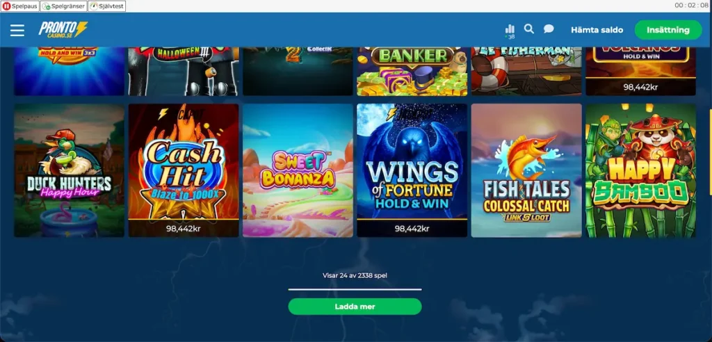 Skärmdump som visar att Pronto Casino har mer än 2 200 spelautomater i sin lobby