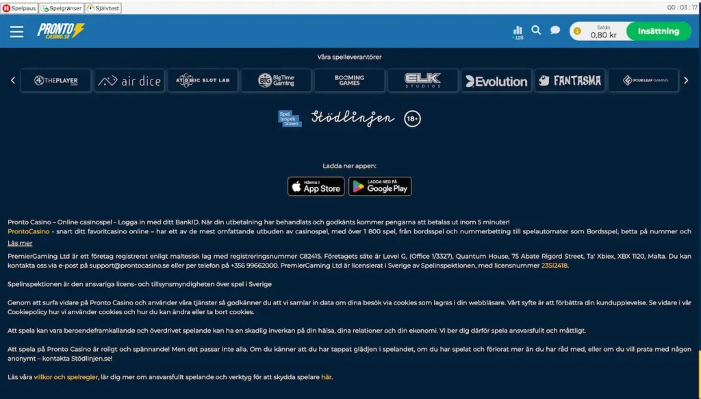 Pronto Casinos information om licens och ägare från footern på hemsidan.