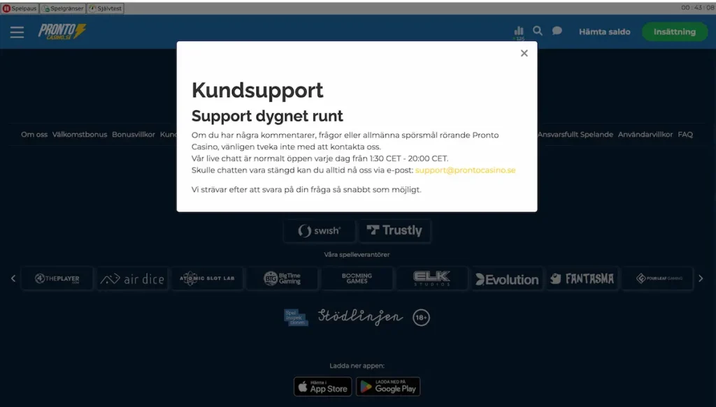 Skärmdump som visar öppettiderna för Pronto Casinos support.