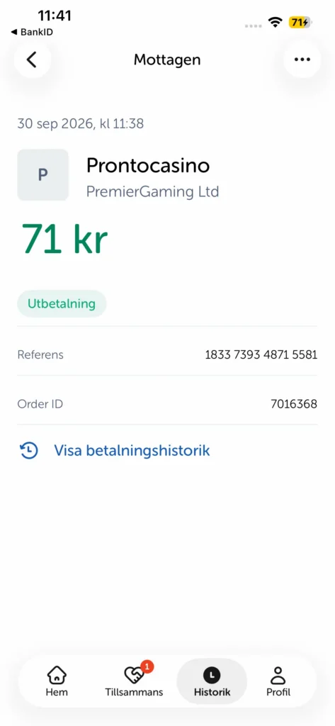 Skärmdump: Swish-appen som bekräftar att uttaget från Pronto Casino togs emot 30 september kl 11:38.