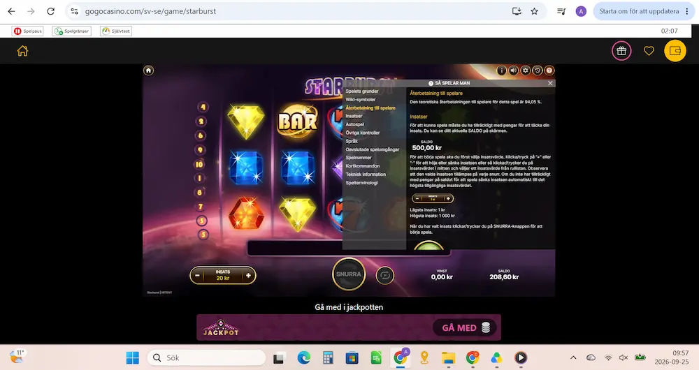 Starburst RTP: 94.05 %