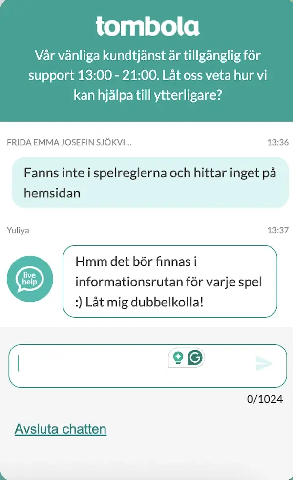 Test av Tombola chatt support