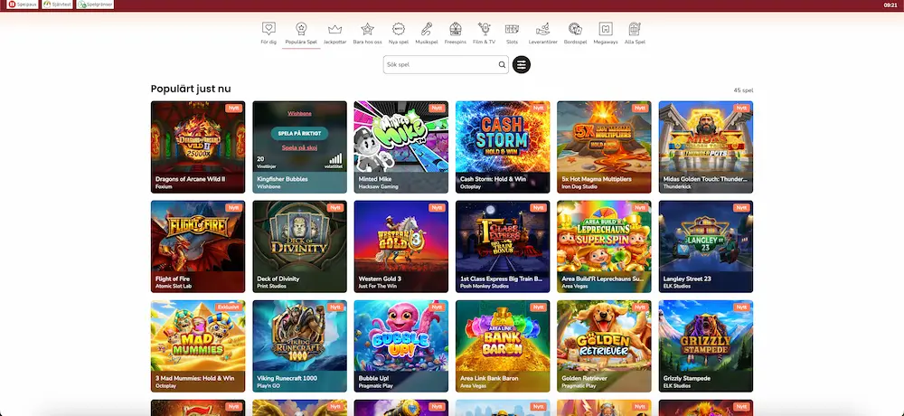 Skärmdump: Vi testar att spela gratis hos Maria Casino utan att vara inloggade.