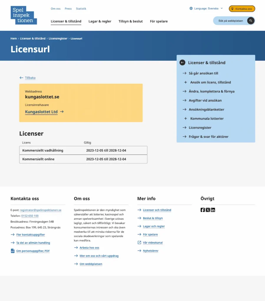 Kungaslottet spellicens bekräftelse hos Spelinspektionen