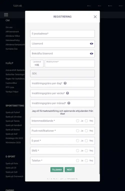 Registrering av spelkonto hos VBet Sverige