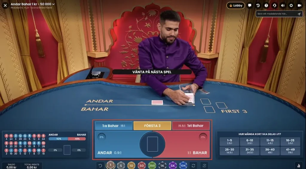 Bilden visar möjliga insatser i spelet Andar Bahar Live från Pragmatic Play