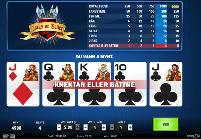 jacks or better vinsttabell