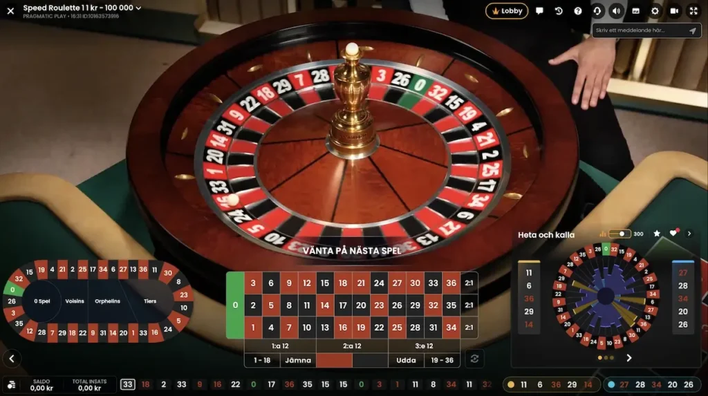 Skärmdump som visar roulettebord och satsningar i Speed Roulette Live