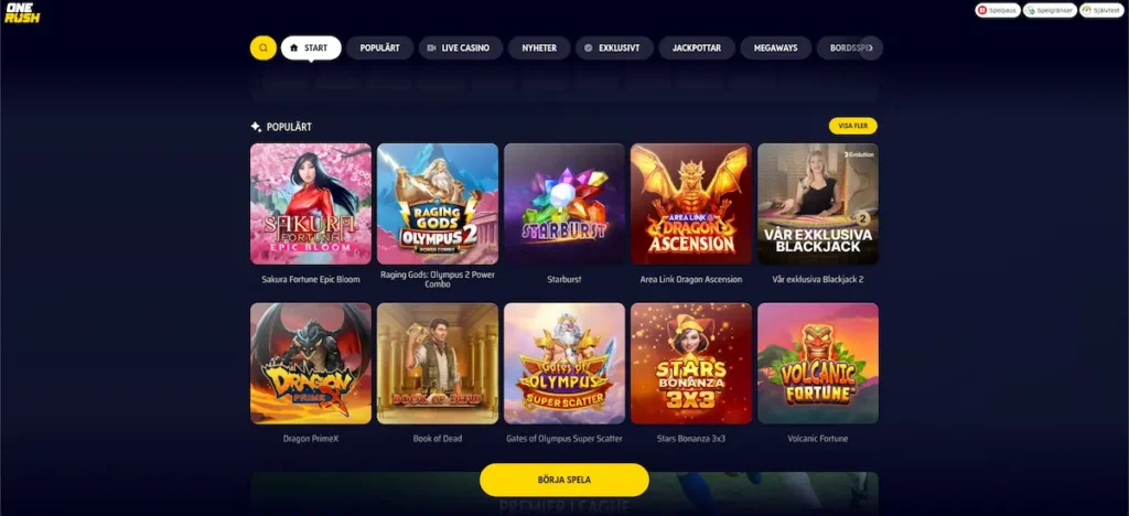 Skärmdump på spelutbudet hos OneRush casino