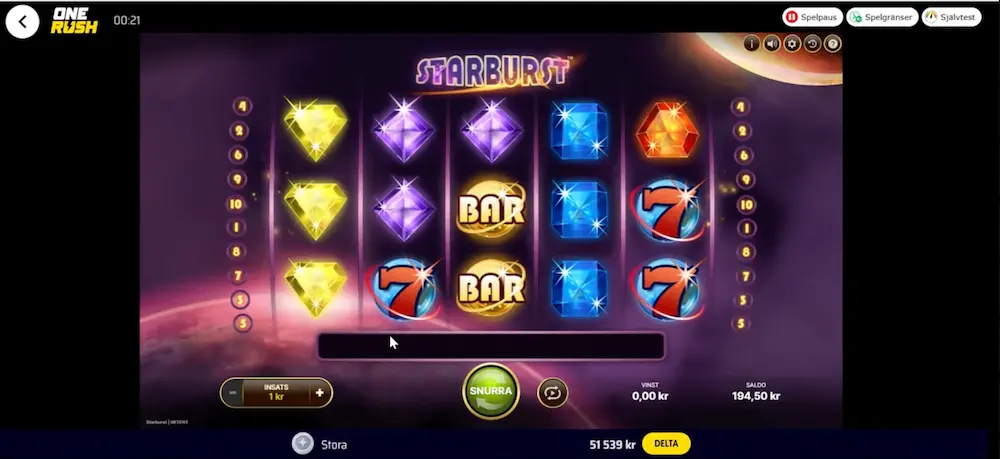 Vi testar Starburst hos OneRush Casino