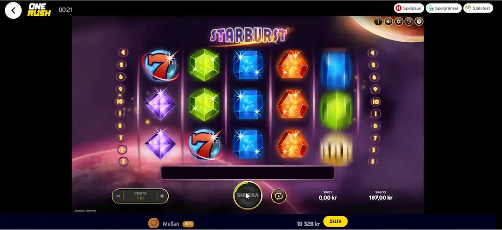 Vi testar Starburst hos OneRush Casino