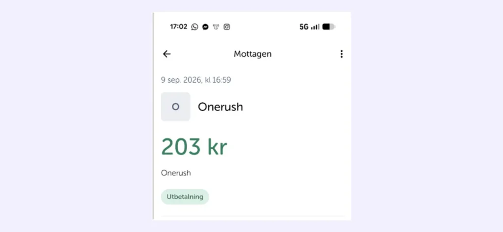 OneRush Swish uttag mottaget