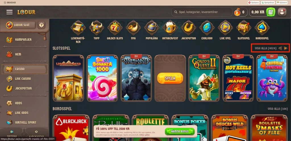 Antalet slots hos Lodur Casino