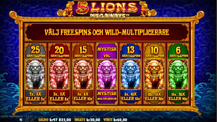5 lions megaways free spins
