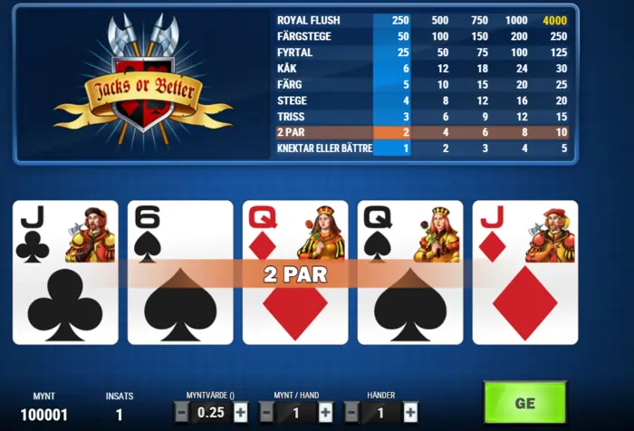 Videopoker jacks or better