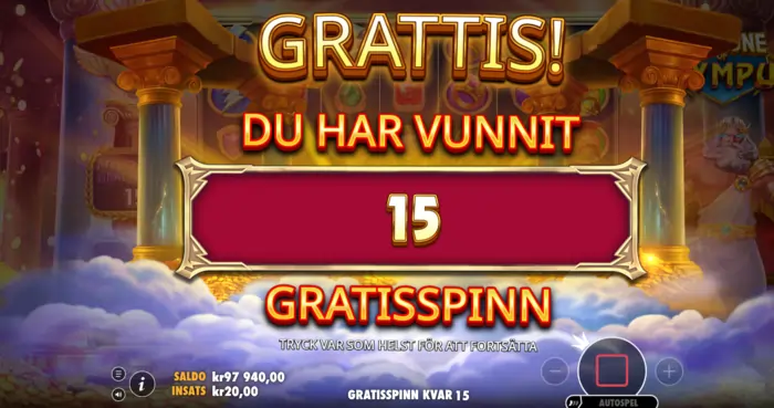 15 free spins fortune of olympus