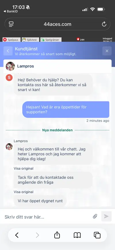 Chat support test 44Aces