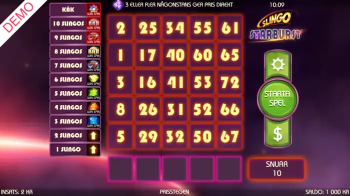 Slingo starburst spelplan