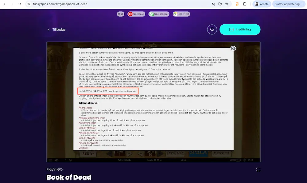 Book of Dead RTP: 94,25 %