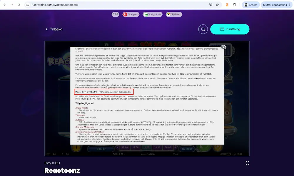 Reactoonz RTP: 94,51 %