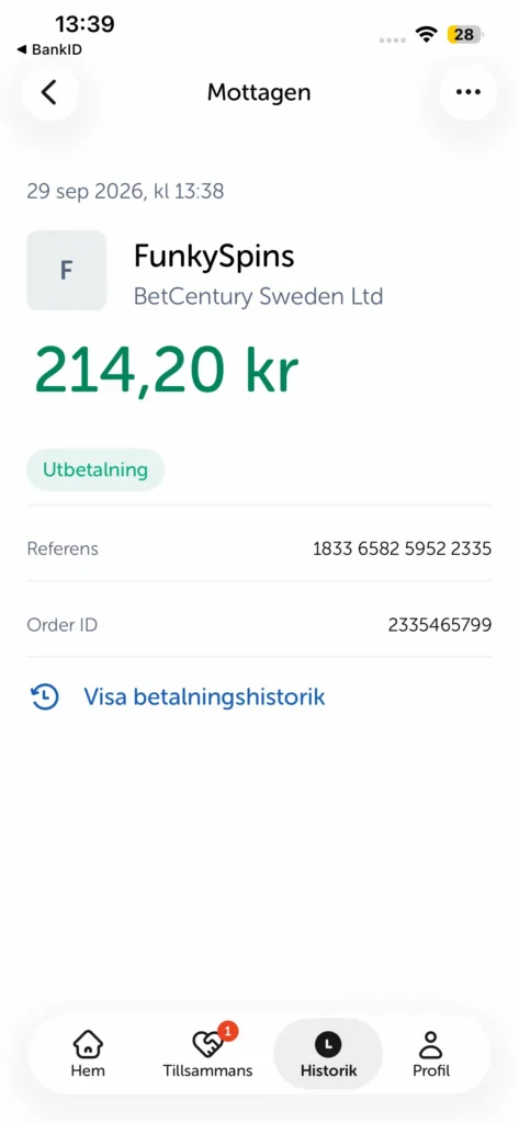 Uttaget på 214,20 kr begärdes kl. 12:39 och kom in via Swish kl. 13:38 den 29 september 2026. Uttaget tog därmed 59 minuter.
