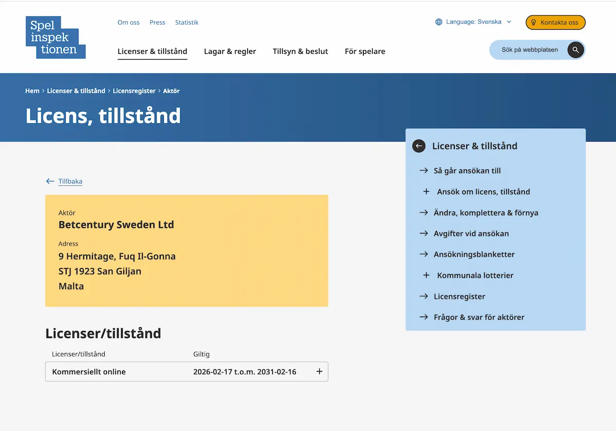 Skärmdump: Vi kontrollerade statusen för Funky Spins licens hos Spelinspektionen.