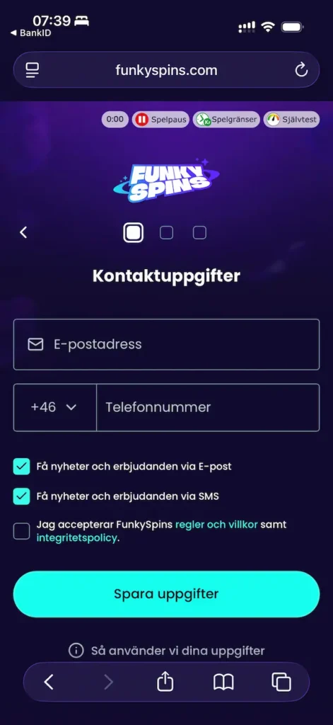 FunkySpins registrering steg 1