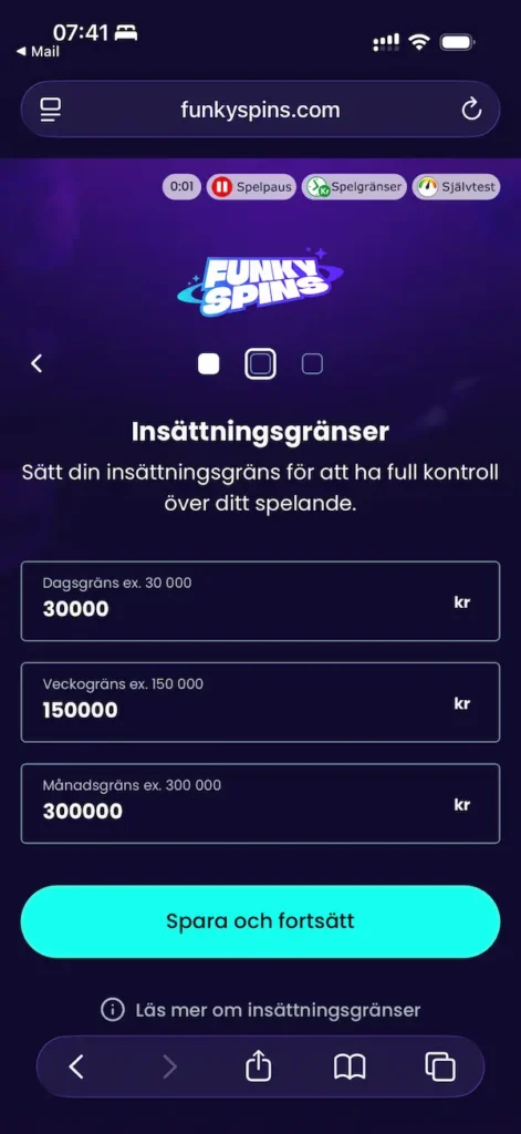 FunkySpins registrering steg 2