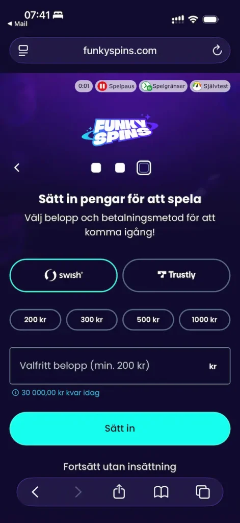 FunkySpins registrering steg 3