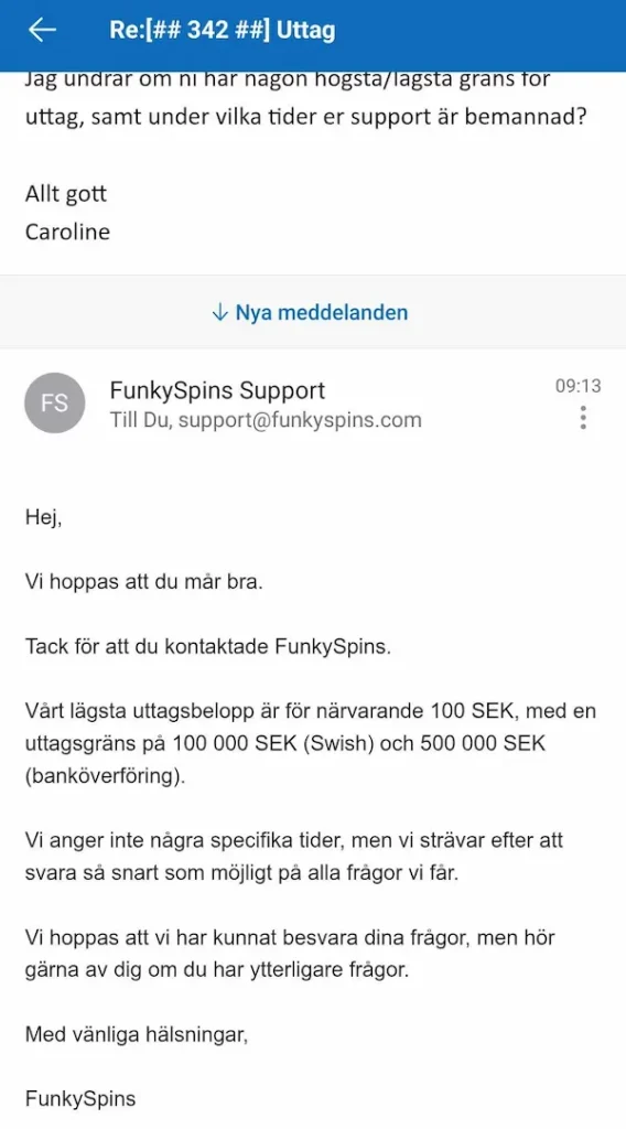 FunkySpins support mejl svar