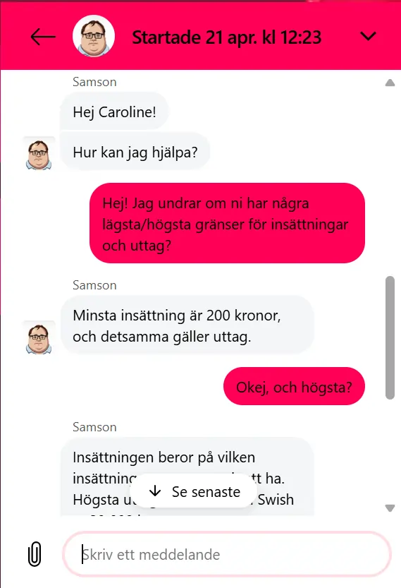 Test live chatt snurr casino