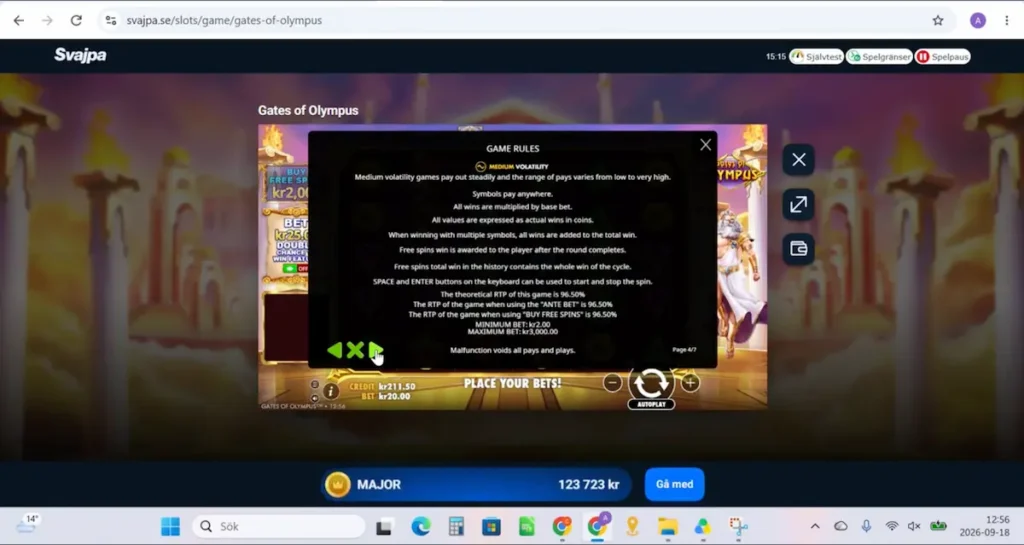 Vi kontrollerar RTP:n i Gates of Olympus hos Svajpa Casino