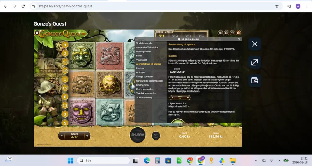 Vi kontrollerar RTP:n i Gonzo's Quest hos Svajpa Casino