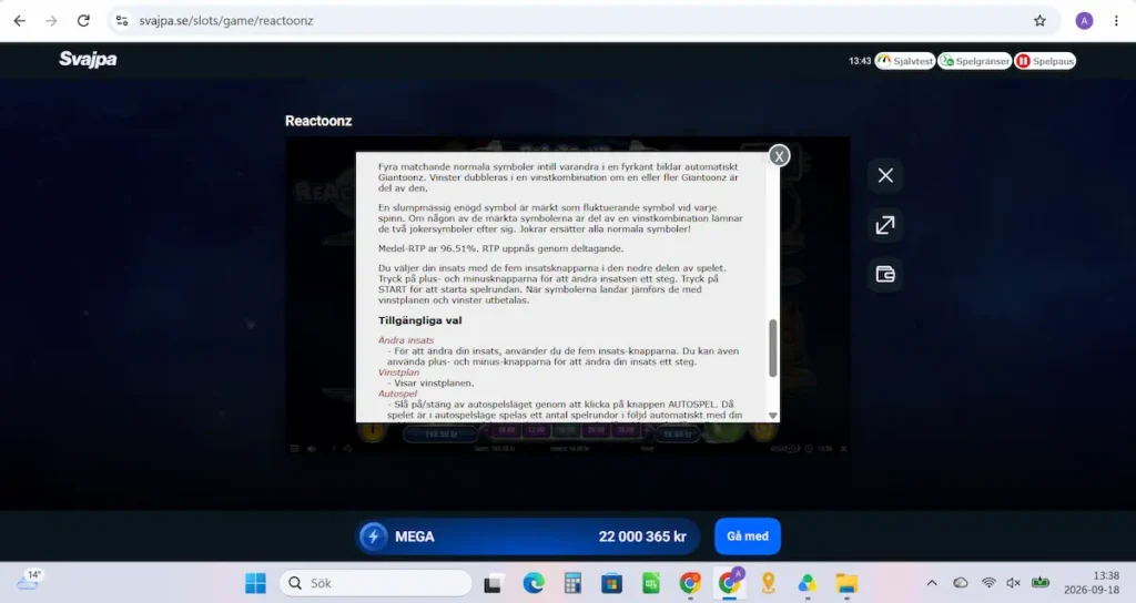 Vi kontrollerar RTP:n i Reactoonz hos Svajpa Casino