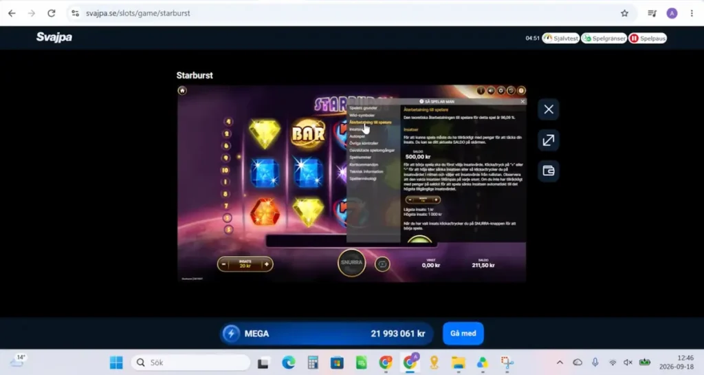 Vi kontrollerar RTP:n i Starburst hos Svajpa Casino