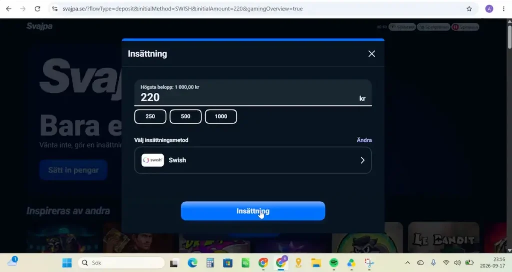 Vi gör en insättning på Svajpa Casino, steg 1