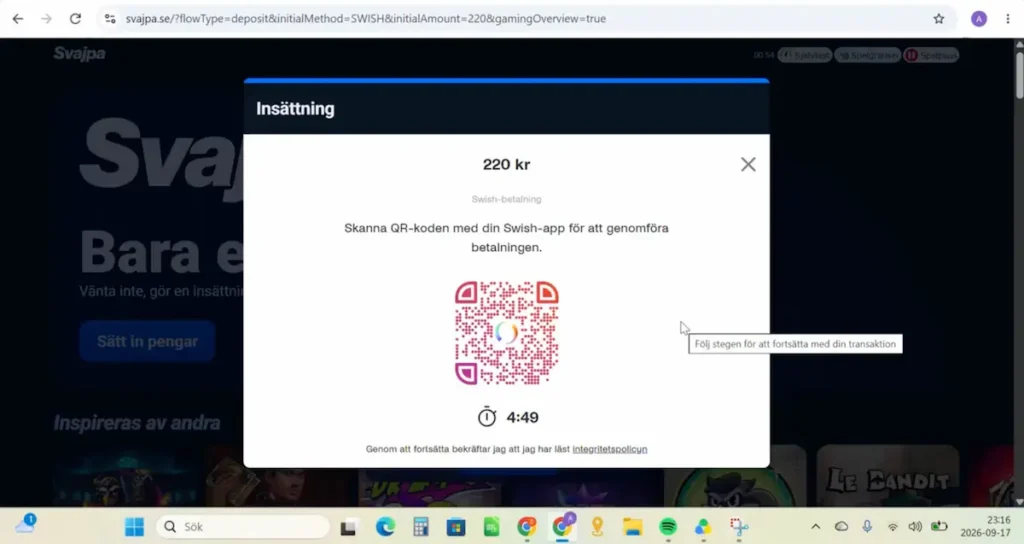 Vi gör en insättning på Svajpa Casino, steg 2