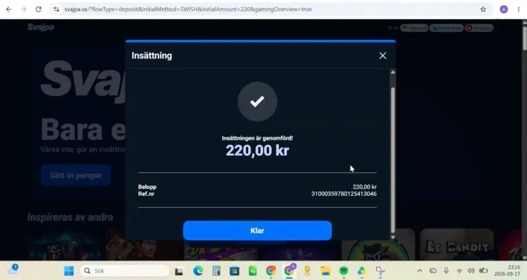 Vi gör en insättning på Svajpa Casino, steg 3
