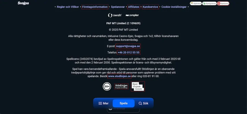 Svajpa licenshållare och information på deras hemsida