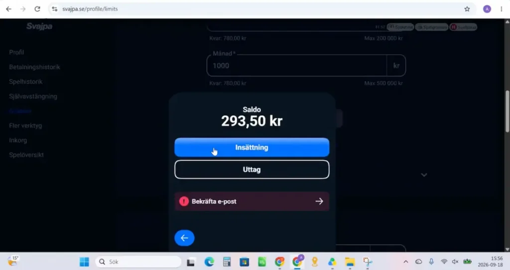 Test av uttag med Swish hos Svajpa Casino