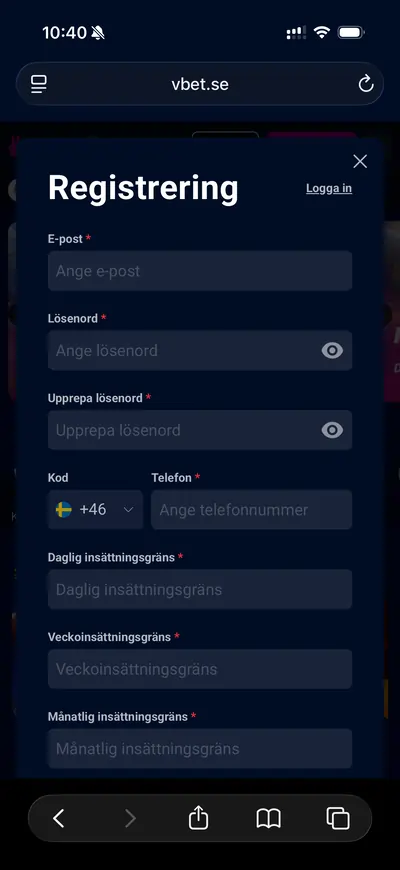 Vbet Csino registrering