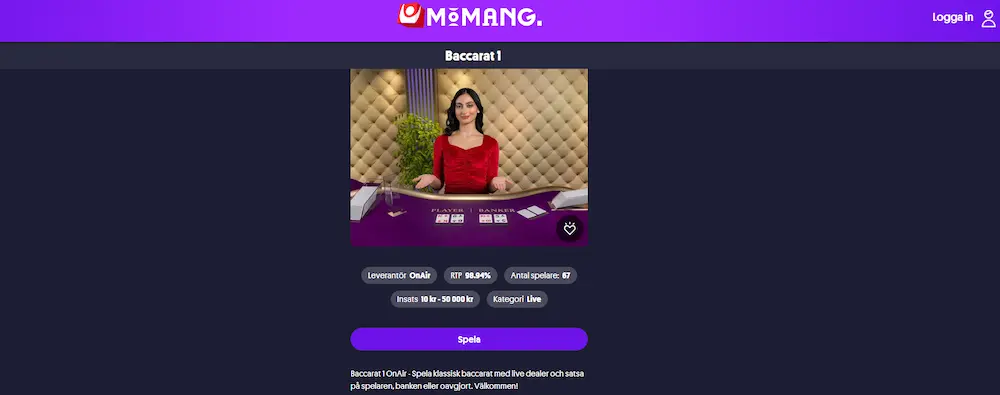 Info om spel Momang - Baccarat