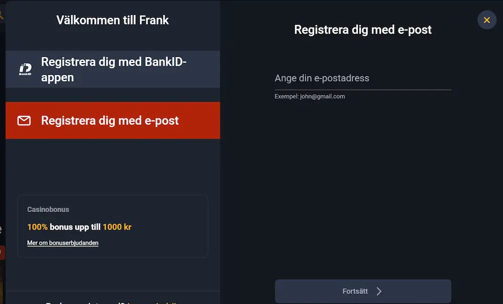 Registrering e-post Frank Casino