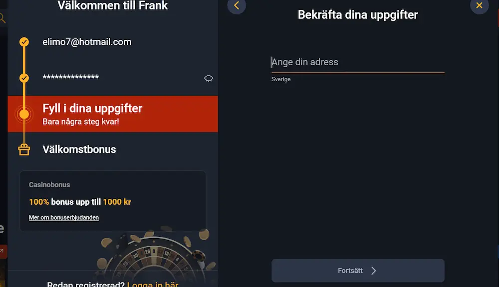 Registrering med e-post Frank Casino