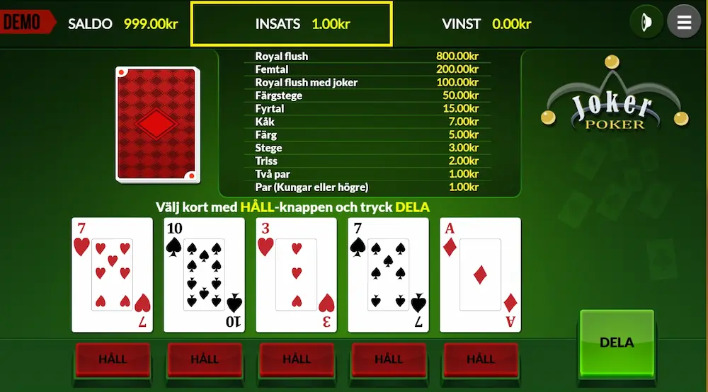 Joker Poker lag insats