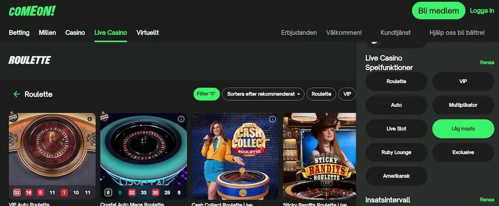 ComeOn filter live casino lag insats