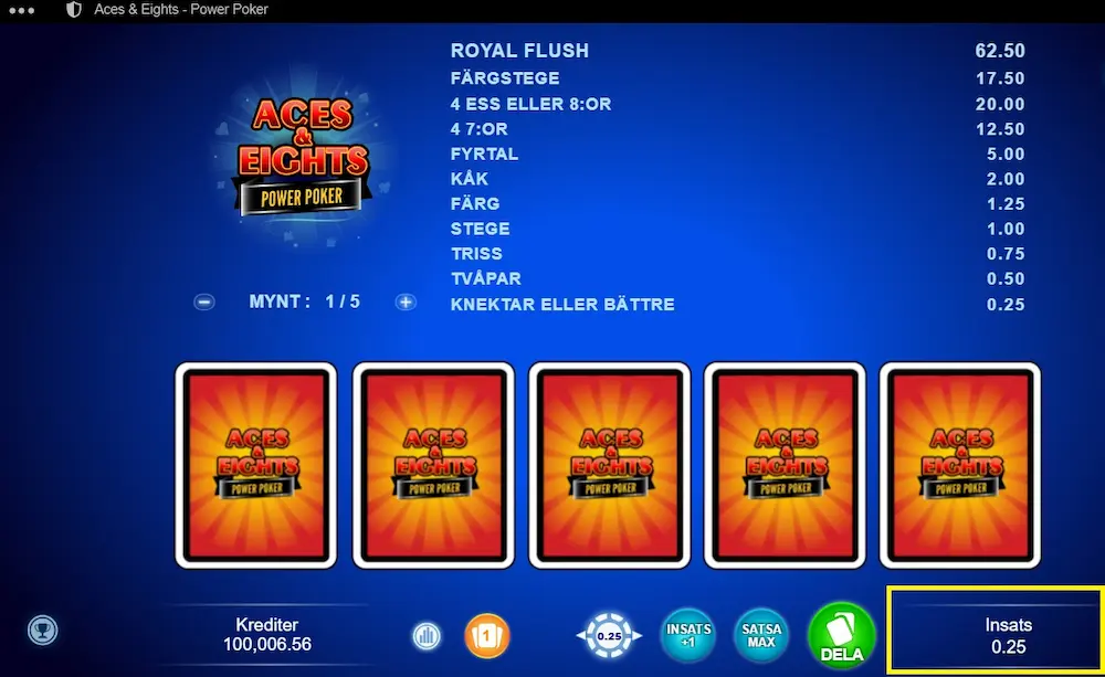 Aces & Eights Power Poker lag insats