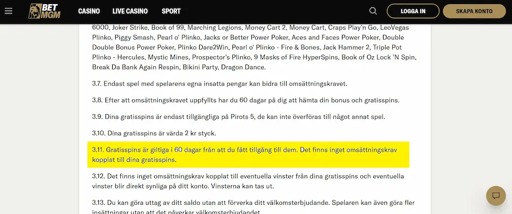 BetMGM casino free spins utan omsättning